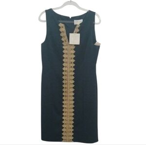 Pappagallo Navy Blue Midi Dress with Gold Center Lace Size 12 New